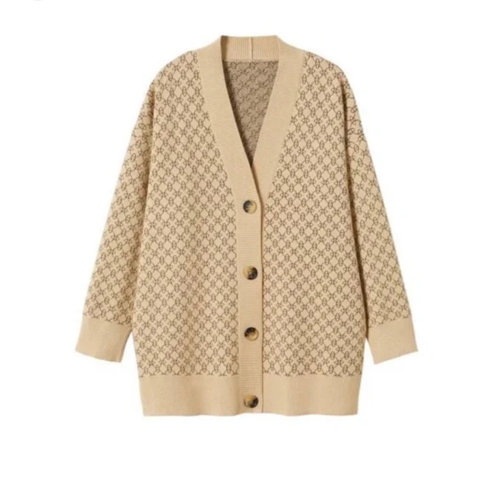 Mango beige brown geometric print over size knit cardigan size small